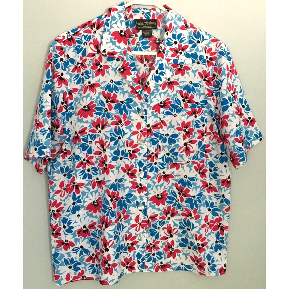 Haberdashery‎ Leslie Fay Shirt Womens 10 White Red Blue Floral Camp Button Up